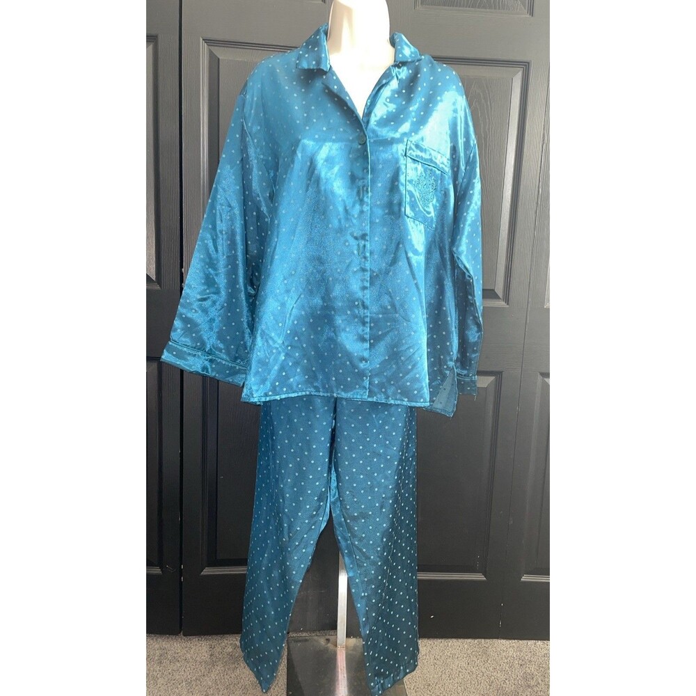 Miss Elaine Petites PL Teal Polka Dot Satin Pajama Set Button Top Pants